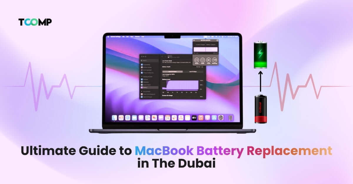 Featured image for a blog post on MacBook battery replacement guide in Dubai, showing a MacBook and batteries.