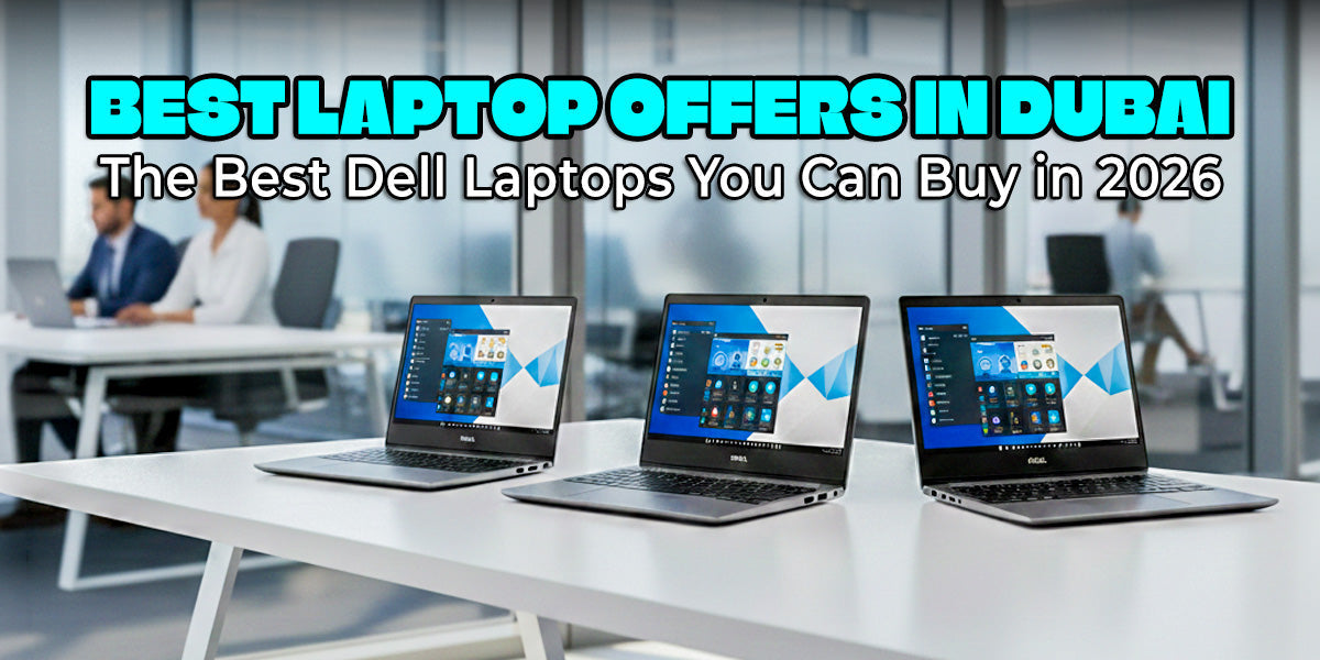 A promotional graphic showcasing the best laptop offers available in Dubai, featuring various laptop models and prices.