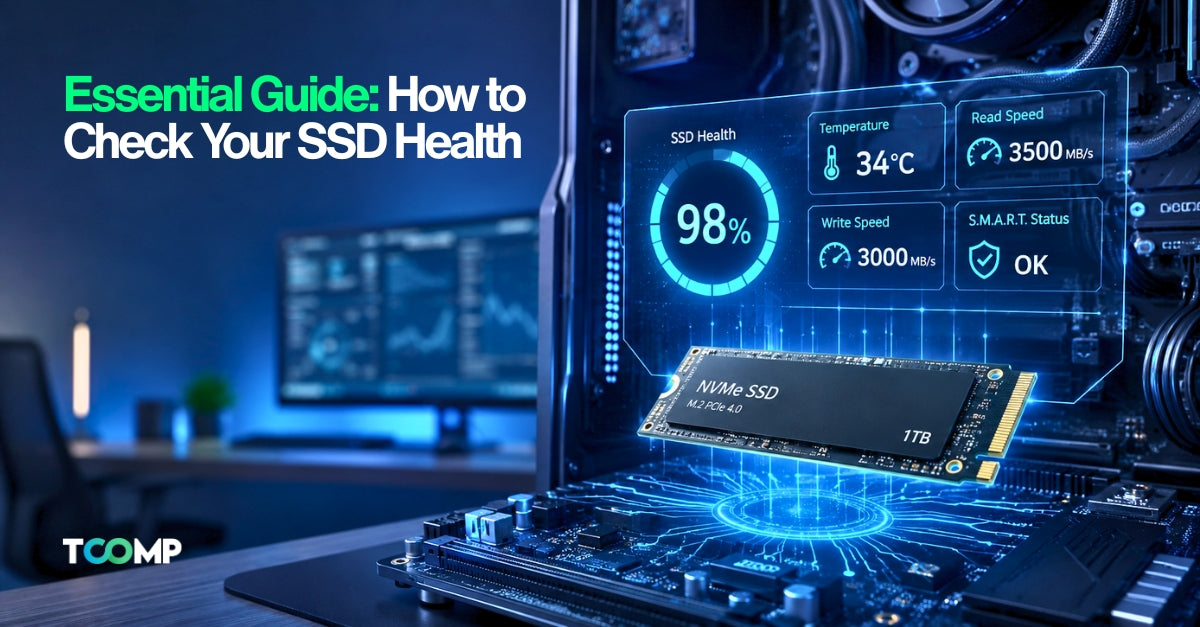 A visual guide illustrating methods for assessing SSD health, featuring key metrics and recommended software tools.