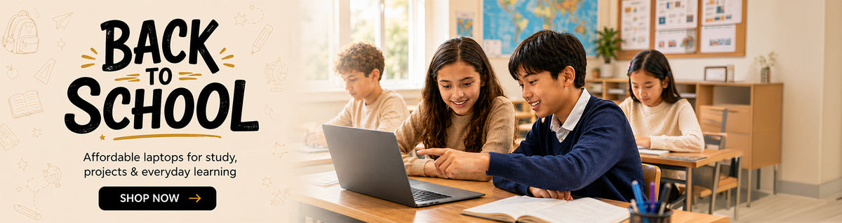 Promotional banner for Back to School featuring children in a classroom using laptops, with large text reading 'BACK TO SCHOOL' and a 'SHOP NOW' button. The scene includes a laptop, desk, books, and bright classroom background.