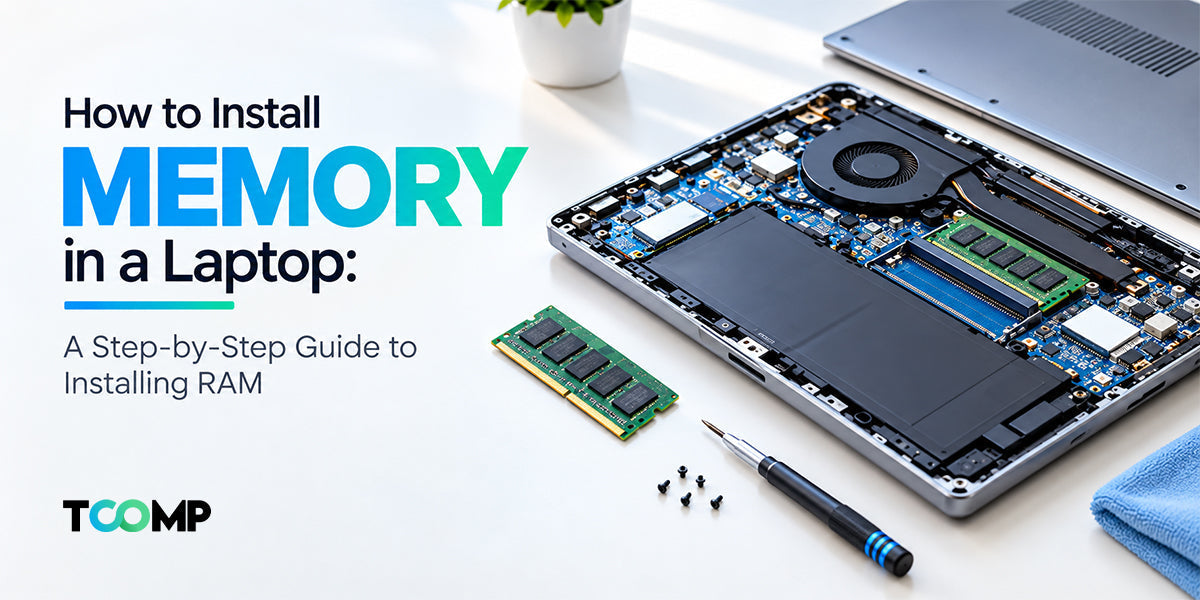 Step-by-step guide on installing memory in a laptop, featuring tools and memory modules.