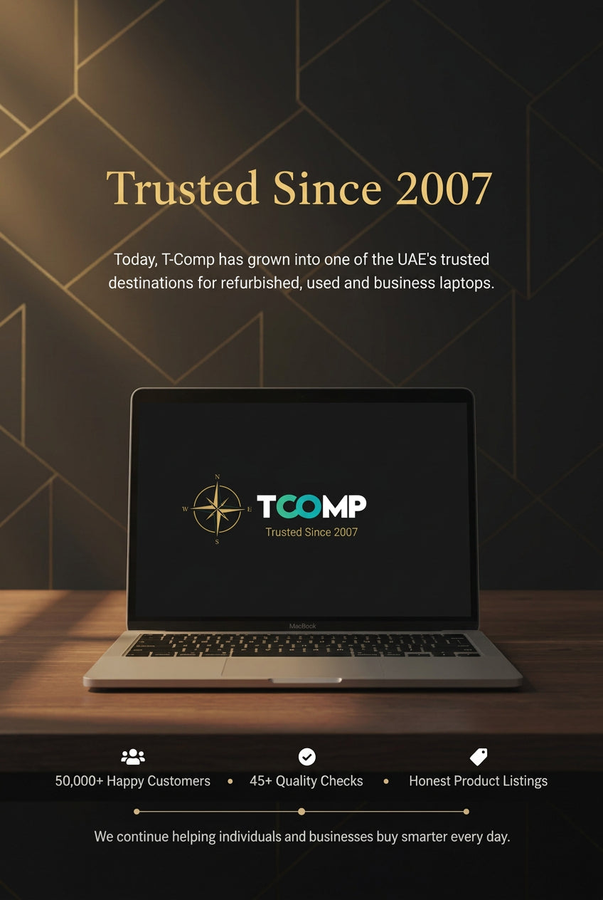 A laptop on a wooden surface with a dark geometric background. The laptop screen displays the TCOMP logo and the text 'Trusted Since 2007' along with additional business trust copy.